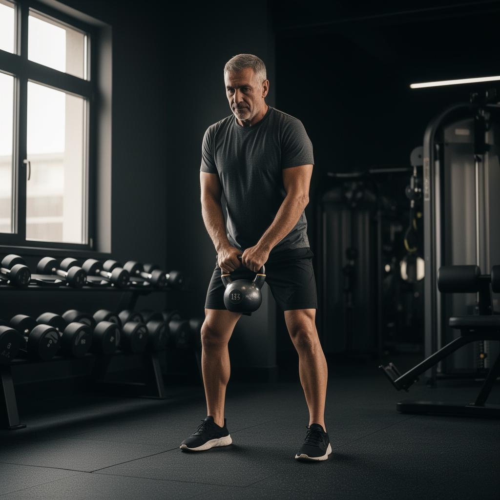 Uomo over 40 si allena con kettlebell in un centro fitness premium a Legnago